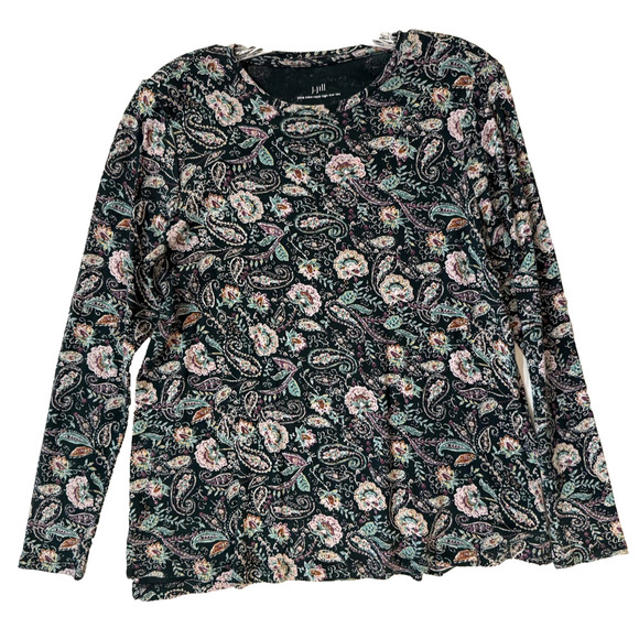 J Jill Shirt Womens Small Black Pink Paisley Floral Pima Crewneck 100% Cotton - Picture 1 of 6